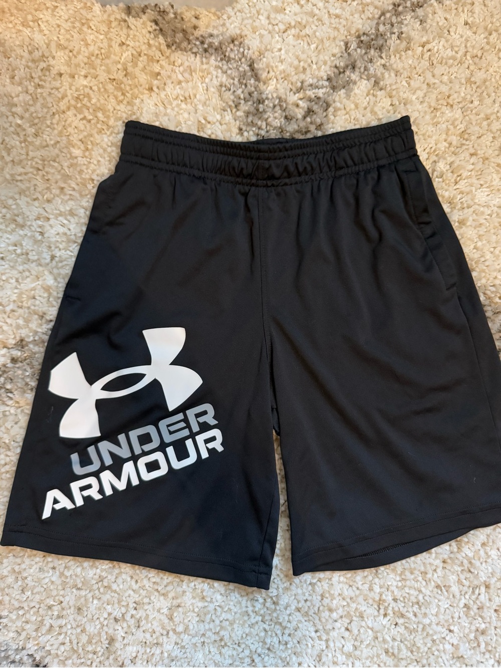Boys Under Armour Black Athletic Shorts with White Logo Size M